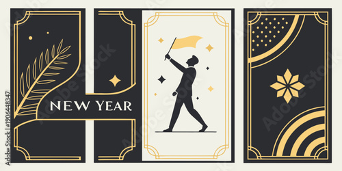 Geometric New Year Panels – Black Gold Modern Festive Poster Set with Numeric Accent, Silhouette Illustration, and Ornamental Patterns for Premium Celebration Branding