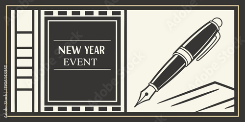 Formal New Year Event Panels – Black Beige Geometric Ticket‑Style Poster with Fountain Pen Illustration for Elegant Celebration Branding and Premium Minimal Design Assets
