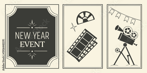 Cinematic New Year Event Panels – Black Gold Vintage Film‑Themed Poster Set with Reel Icons, Classic Camera Art, and Geometric Frames for Premium Festive Branding