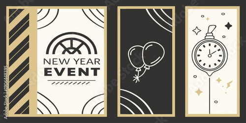 Modern New Year Event Panels – Black Gold Geometric Poster Set with Striped Accents, Balloon Icons, and Pocket Watch Countdown for Premium Festive Branding