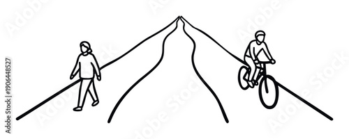 Simple line drawing of a person walking on one path and a person cycling on another diverging path, illustrating concepts of choice, individual journeys, or separate routes for various