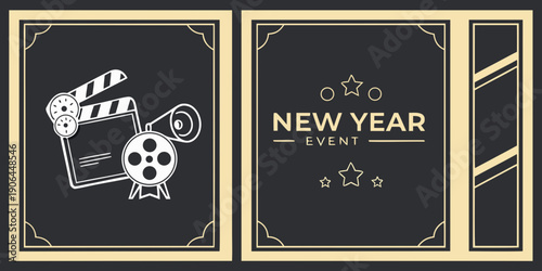 Art Deco New Year 2027 Event Panels – Film Camera, Reel, and Clapperboard Icons with Star‑Border “NEW YEAR EVENT” Design for Invitations, Flyers, Holiday Parties, and Premium Event Branding