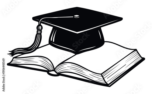 Classic black graduation cap with a tassel resting on an open hardcover book symbolizing academic achievement, higher education, and the pursuit of knowledge for school and university