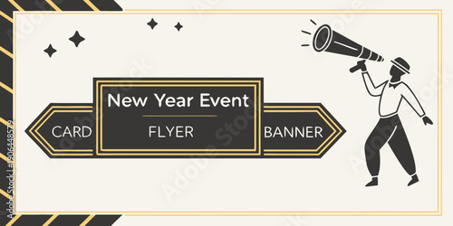 Art Deco New Year 2027 Event Layout – Central “New Year Event” Panel with CARD/FLYER/BANNER Arrows and Megaphone Announcer Silhouette for Invitations, Promotions, and Premium Branding