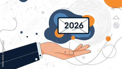 A conceptual illustration of a businessman's hand holding up an envelope icon for the year 2026 against a futuristic, abstract background with connected dots.