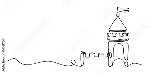 A continuous single line drawing of a fantasy castle with a flag on top, perfect for storybook covers, childrens educational materials, or architectural themes