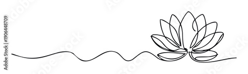 Minimalist continuous line drawing of a stylized lotus flower connected by a flowing wavy line, ideal for tranquil spa branding, yoga studio decor, holistic wellness emblems, or peaceful