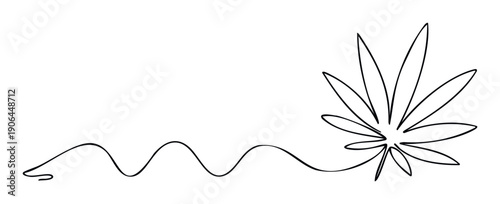 Minimalist single line drawing featuring a cannabis leaf with a continuous flowing stem, ideal for medical marijuana branding, wellness product packaging, or modern health promotions.