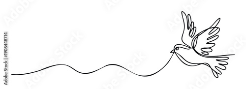 Minimalist continuous line drawing of a graceful dove flying and holding a wavy thread, symbolizing peace and connection, perfect for inspirational spiritual brand identity or serene event