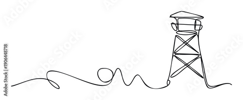 A minimalist continuous line drawing depicting a classic lifeguard watchtower, perfect for modern branding, coastal themed advertising, or simple graphic communication materials.