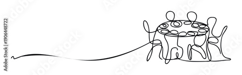Abstract single line drawing of human figures sitting around a table with plates, conveying togetherness and conversation, suitable for business presentations, educational materials, and