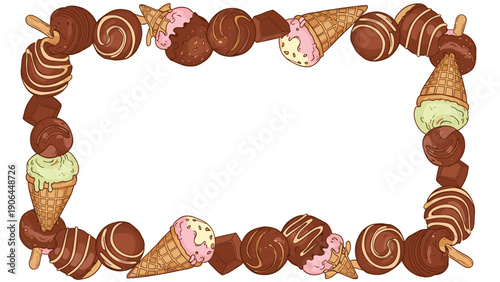 A delicious-looking rectangular frame made entirely of assorted chocolate candies, chocolate ice cream cones, and chocolate pieces, with a blank white center.