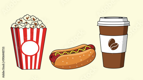 A classic fast food combo illustration featuring a box of popcorn, a hot dog with mustard, and a paper coffee cup, all in a simple cartoon style.