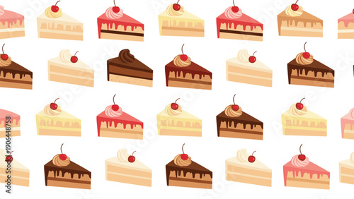 A seamless repeating pattern of various delicious cake slices with frosting and cherries, creating a sweet and festive background for birthday or bakery themes.