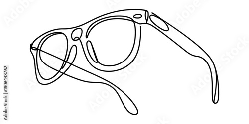Single continuous line drawing of classic wayfarer style eyeglasses on a white background.