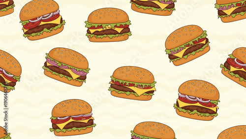 A fun seamless pattern of cartoon cheeseburgers on a pale yellow background with wavy lines, perfect for fast food restaurant branding and packaging.