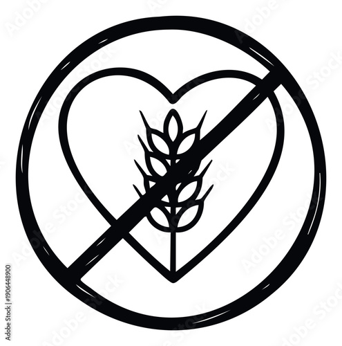Hand drawn style gluten free symbol with a heart and wheat plant inside a crossed out circle, useful for allergy information, dietary restrictions, and food product packaging.