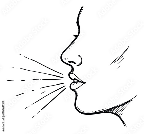 Dynamic handdrawn profile depicting a person speaking, yelling, or expelling air, perfect for illustrating communication, vocalization, sound, or energetic expression visuals