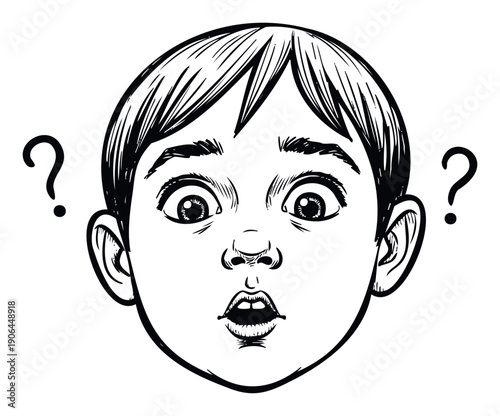 Captivating black and white drawing of a young boys astonished face with question marks illustrating wonder or bewilderment for educational publications, curious topics, and communication