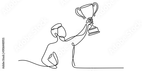 Continuous line drawing of a successful man holding a trophy high to celebrate victory