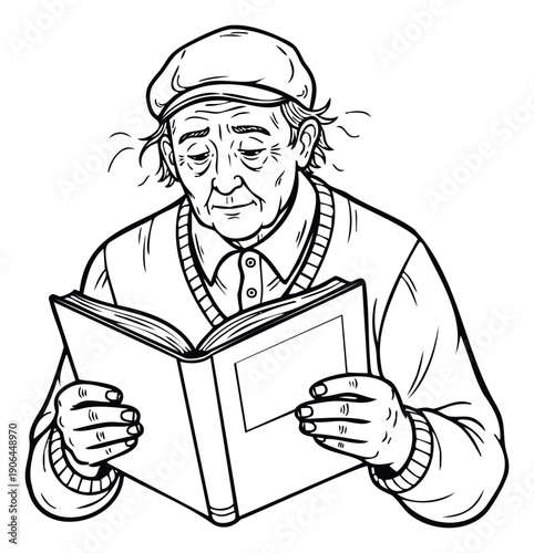 Elderly man wearing a cap and sweater is deeply engrossed in reading a book, perfect for representing knowledge, education, senior activities, or quiet leisure moments