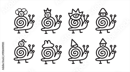 Funny snail doodle icons set in black outline cartoon vector style