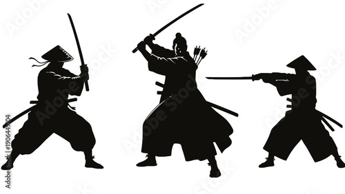 Three samurai warriors in various sword fighting poses in black silhouette
