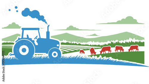 A blue tractor drives through a green field with cows grazing in the distance.