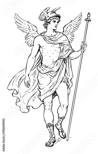 Classical mythological figure wearing a winged helmet and sandals holding a tall staff, ideal for historical publications, educational materials, or decorative purposes.
