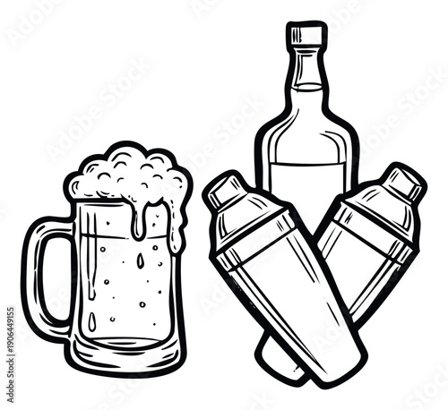 Hand drawn collection of refreshing beer in a classic mug and essential cocktail shakers with a liquor bottle perfect for drink menus bar promotions and beverage advertising