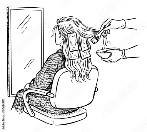 Professional hairstylist applies coloring treatment to a womans long hair with a brush in a salon chair next to a mirror, suitable for beauty industry marketing, hairdressing services, or
