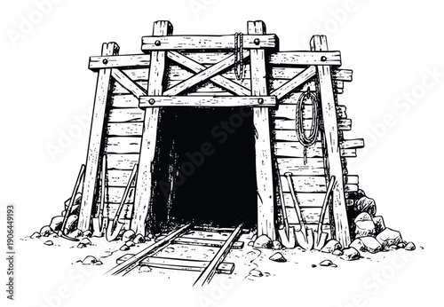 Hand drawn black and white vintage mine entrance with wooden support beams, rail tracks, and mining tools, ideal for historical publications, adventure game assets, or western themed
