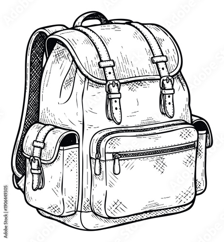 Detailed backpack drawing with buckles and zippers suitable for outdoor adventure publications school supply promotions or travel blog visuals