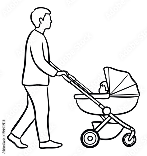 A father pushing a baby stroller presents an iconic representation of parenting, family life, and childcare, useful for educational and promotional content.
