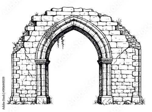 Ancient stone archway ruins with gothic architectural details and crumbling brick texture, ideal for historical publications, game design elements, or fantasy realm illustrations.