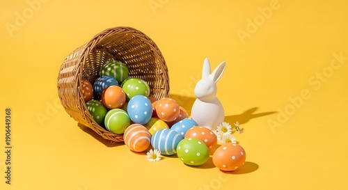 Easter basket with colorful eggs and white bunny on yellow background