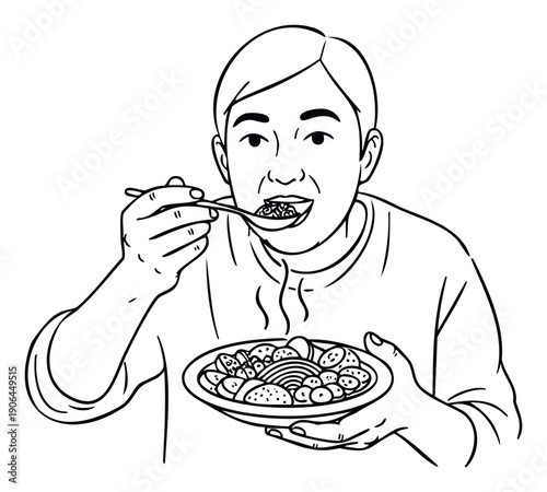 An Asian man enjoying a comforting hot meal from a bowl, using a spoon to eat the delicious food, perfect for food blogs, cooking content, healthy eating, and culinary projects.