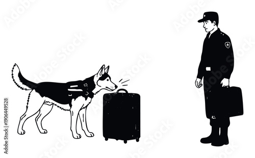 Uniformed security officer carrying a briefcase standing while a trained police dog performs a meticulous sniff inspection of a rolling travel suitcase, ideal for depicting airport