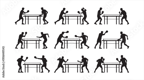 Ping pong player action silhouettes with paddles table and ball in black vector style