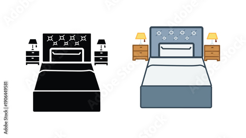 Two different beds with nightstands and lamps in a bedroom setting