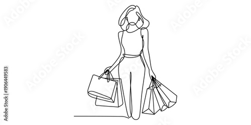Continuous line drawing of a stylish woman carrying multiple shopping bags after a spree