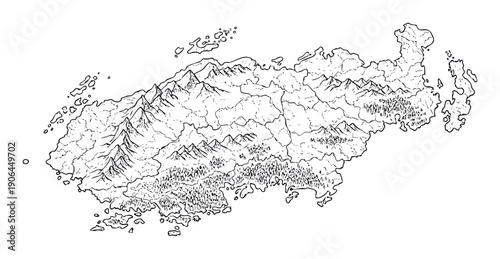 Hand drawn black and white map of an imaginary continent with mountain ranges, flowing rivers, dense forests, and regional boundaries, ideal for game development and narrative projects