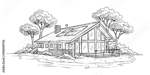 Architectural line drawing of a modern Aframe house with large windows and solar panels nestled among trees, perfect for real estate brochures or sustainable living design concepts