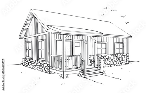 Rustic wooden house with a charming front porch, stone foundation, and gabled roof, perfect for architectural design projects, real estate listings, or country living themes