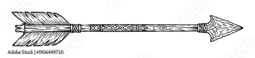 Detailed black and white tribal arrow graphic featuring rustic wooden shaft, stone arrowhead, and fletching with ethnic patterns, perfect for traditional craft projects, historical themes,