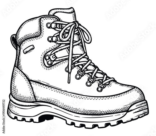 Rugged outdoor hiking boot in a classic sketch style for adventure travel promotions and naturethemed publications requiring sturdy footwear imagery.