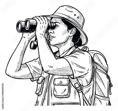 Adventurous explorer wearing a widebrimmed hat and backpack actively observes the natural environment through binoculars, perfect for educational materials, travel blogs, or outdoor