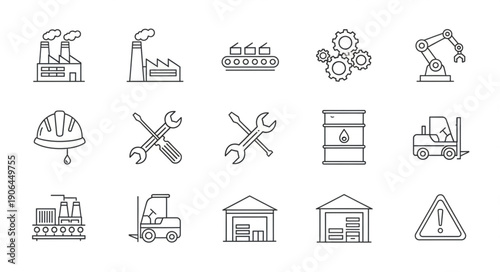 Collection of industrial icons representing manufacturing and construction elements.
