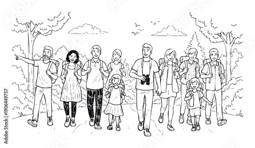 A lively group of people on a hiking expedition through a forest, excellent for illustrating concepts of outdoor recreation, adventure, and healthy lifestyle campaigns.