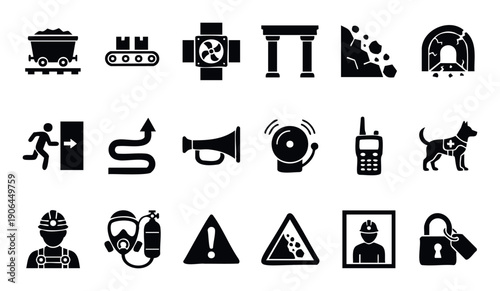 Essential mining safety and operational icons including warning signs, equipment, and emergency procedures ideal for industrial infographics and educational materials